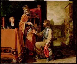 ダビデ王、ウリアへの手紙を渡す、1611年（パネルにペイント）